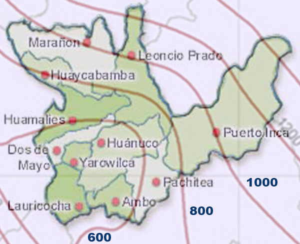 Mapa del departamento de Huanuco, Peru