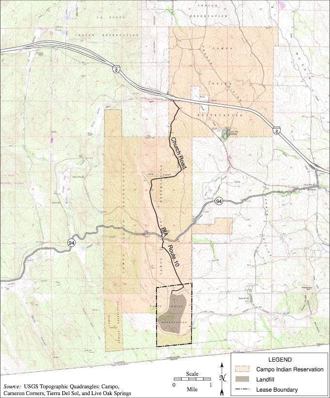 Location of Campo Indian reservation, with proposed landfill at the southeast end
