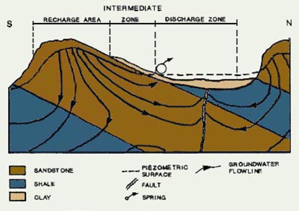 Typical recharge and discharge in groundwater systems