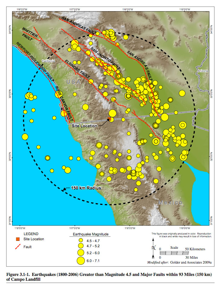 Earthquakes (1800-2006) greater than Magnitude 4.5 and major faults within 93 miles (150 km)<br> 
of the proposed Campo landfill