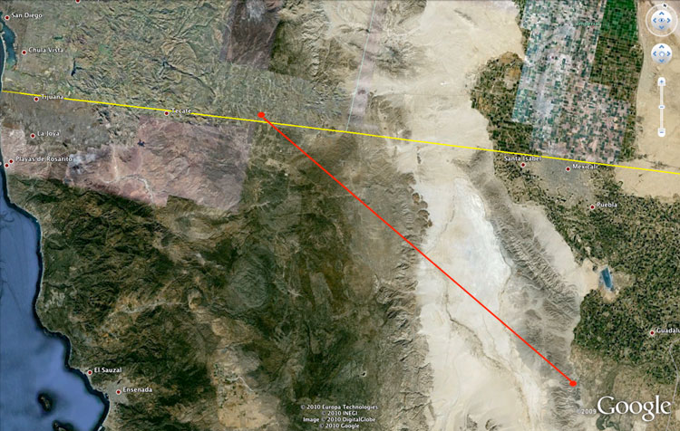 Distance from the epicenter of the 7.2 magnitude earthquake on April 4, 2010 in Baja California to the Campo landfill site