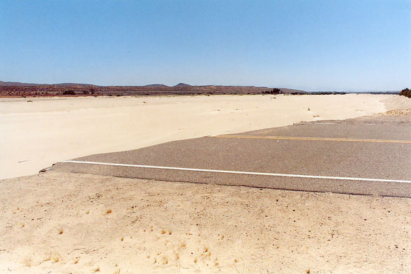 Washed out Indian Trail Road crossing on the Mohave river, Helendale, California (1995).