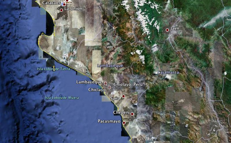  Imagen satelital de la costa norperuana, mostrando los departamentos de  Lambayeque y Cajamarca