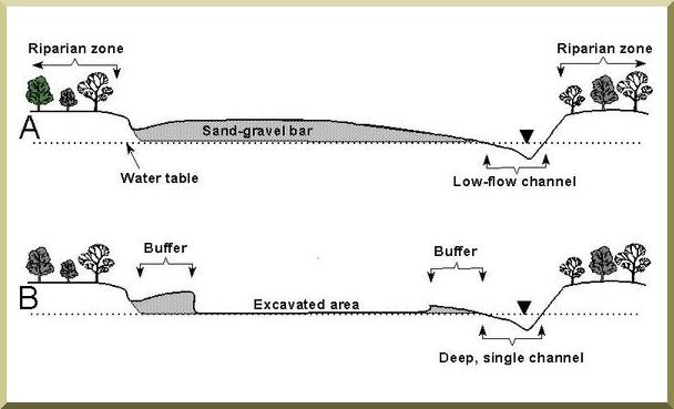 Diagram of channel cross sections showing a typical sand-gravel bar and the protected deep, single channel