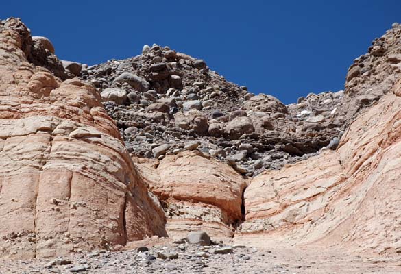 Close view of sedimentary formations on the slopes