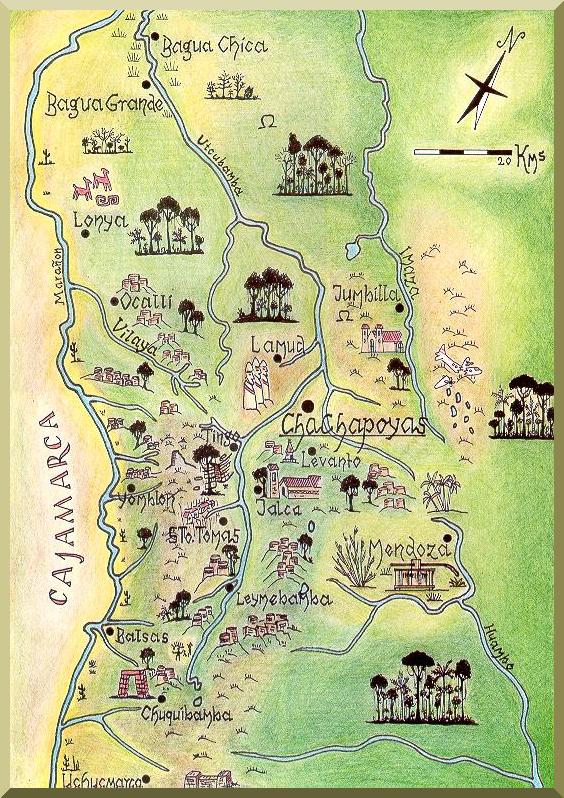 Map of archaeological zone of Kuelap and vicinity